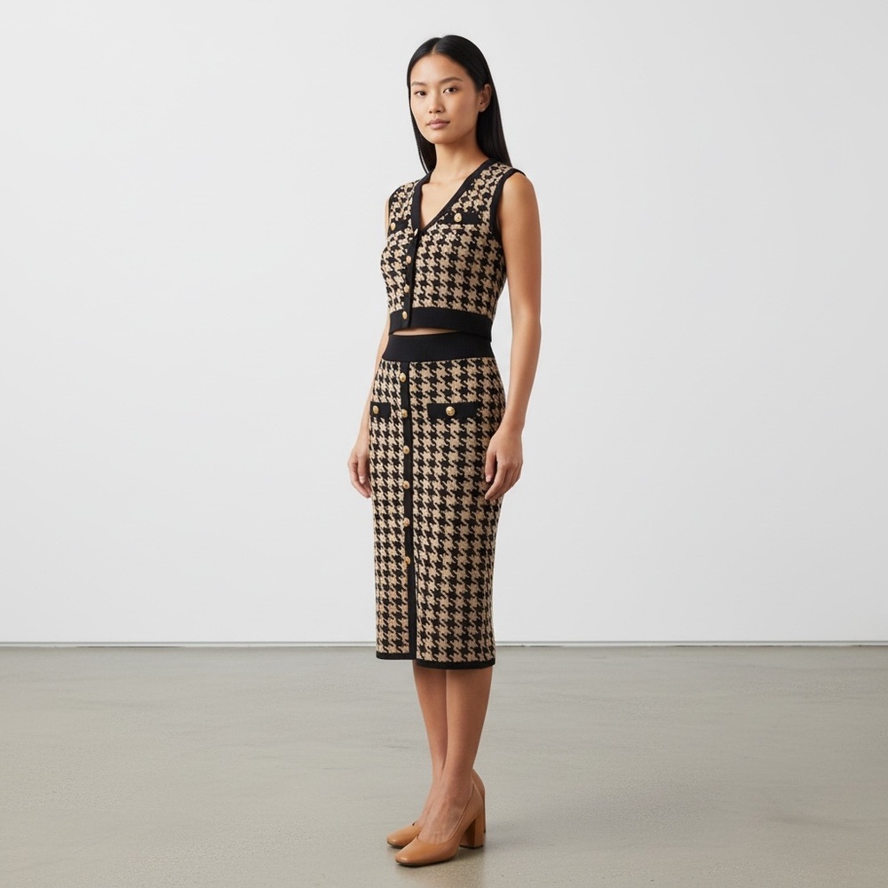 Houndstooth Midi Dress Set in Black & Tan